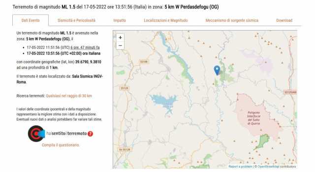 Scossa (molto lieve) di terremoto registrata nel territorio di Perdasdefogu