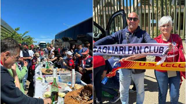 Cagliari-Lecce, il terzo tempo dei tifosi sardi e pugliesi riuniti insieme 