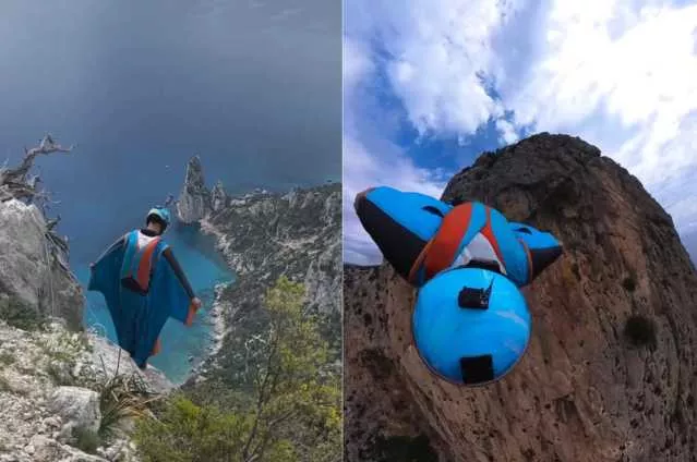 Francisco Porcella, il volo mozzafiato con la tuta alare sopra la costa di Baunei