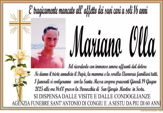 Morte di Mariano Olla, giovedì a Sestu l'ultimo saluto al 16enne morto a Su Siccu