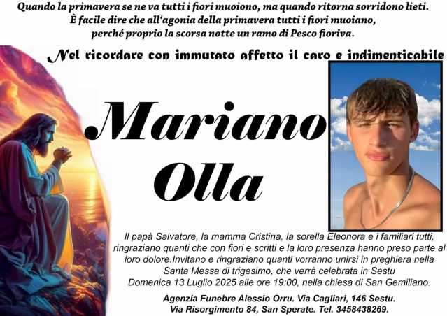 Morte Mariano Olla: il 13 luglio il trigesimo, ma ancora tante domande