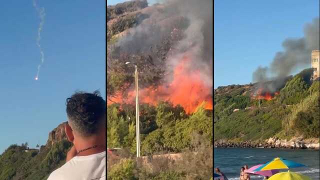 Calasetta, bengala finisce fra gli alberi e scoppia un incendio sotto la Torre: il video 